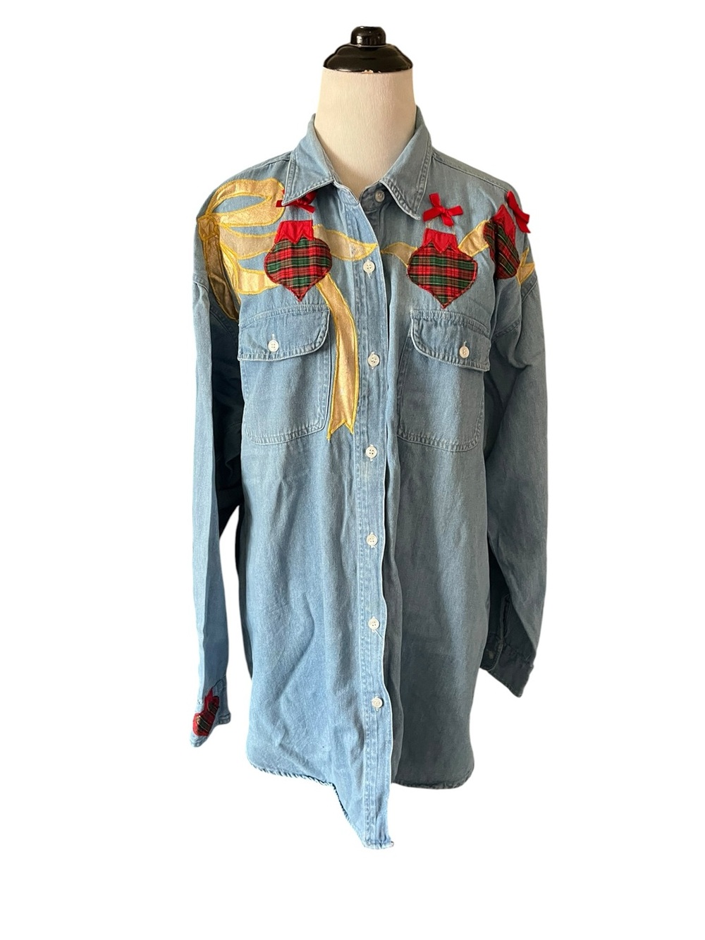 Vintage Lexico New York Christmas Denim Button Up Shirt XL Ornament appliqué